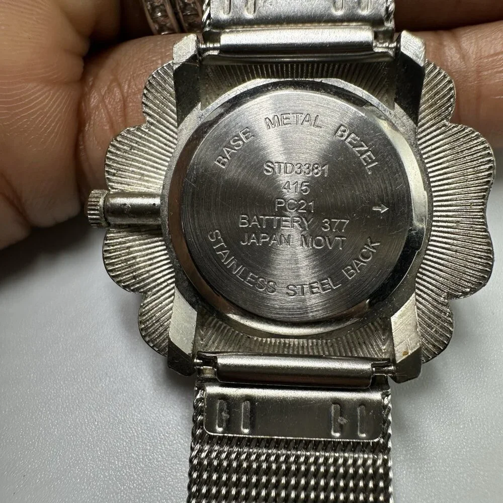 3/$30 Studio Time Watch Women Silver Tone Rhinestone Flower Case New Battery